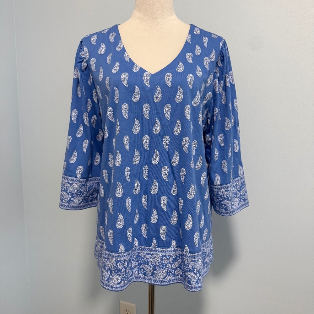 J Jill 3/4‎ Sleeve Soft Paisley Print Blue Top Size L